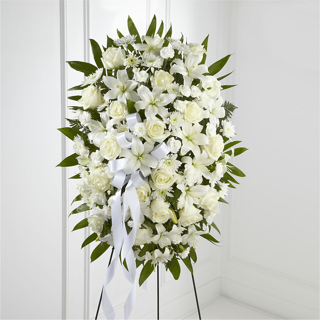 Exquisite Tribute Standing Spray-White Ribbon – Moonlight Floral, Minneapolis MN