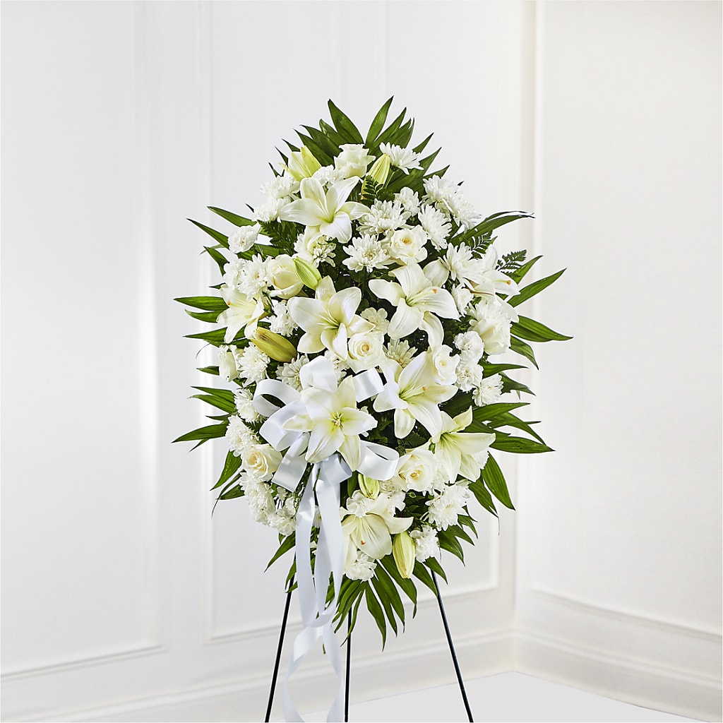 Exquisite Tribute Standing Spray-White Ribbon – Moonlight Floral, Minneapolis MN